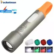 Powerful LED Flashlight Rechargeable Zoom Torch Red Light Green Light UV Light