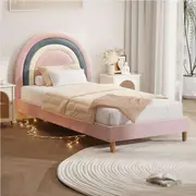 204x100cm Oikiture Bed Frame Rainbow Single Size Kids Bed Frame Pink Velvet