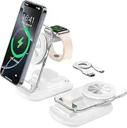 [HINTOWAVE] 3 in 1 Wireless Charger for Apple with Light, Fast Wireless Charging Station for MagSafe, Travel Foldable Magnetic Charger Stand for iPhone 16 15 14 13 12, Apple iWatch, AirPods (White)