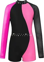 [TiaoBug] Kids Girls Colorblock Rhinestone Mock Neck Ballet Dance Leotard Unitard Gymnastics Jumpsuit Biketard