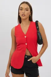 Red Linen Vest Longline V Neck - Size 6XXS, Women's Jacket