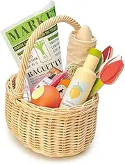 Tender Leaf Toys Wicker Shopping Basket - Wooden Shopping Pretend Play Food Accessory Toy For Children
