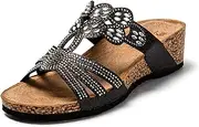 [JOMIX] Women's Mules Rhinestone Bohemian Glitter Clogs Sandals with Heel Cork Beach Shoes