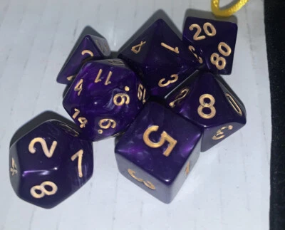 New 7 Piece Polyhedral Purple W/ Gold Numbers Dice Set and Bag