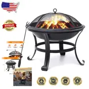 Durable & Portable 22-Inch Fire Pit Grill with Mesh Cover & Poker for Camping