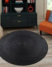 Aizza Trends Indian Handmade Braided Black Jute Area Rug-Floor Carpet Rug-Bed Side Runner Rug-Doormat Rug - 2 x 2 Feet Round (60 cm x 60 cm)