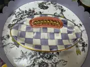 MacKenzie Childs Retired Plum Purple Check Football Trinket Dish NEW with Tags