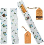 [Bamboo Step] Bamboo Straw travel kit - SIGNATURE LINE: 2 Reusable Luxury straws of 20cm/7.9" and a cleaning brush is a design fabric pouch. (Color Flowers Blue)