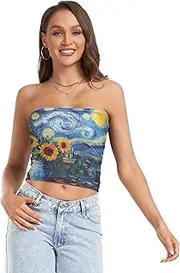 [RPLIFE] Starry Night Sunflowers Blue Tube Top Strapless Cami, Sheer Tube Tops, Trendy Crop Tops (S)