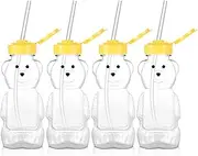 4 Pieces Juice Bear Bottles Honey Bear Drinking Bottles Plastic Reusable Drinking Cups with 4 Pieces Soft Silicone Straws for Daily Drinking Supplies (Yellow)