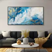 Golden Accent Navy Blue White Wall Decor Unframed Canvas Painting for Living