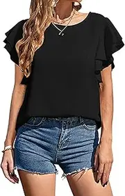 [Zylphorix] Women Ruffle Sleeves Chiffon T-Shirt Casual Lotus Leaf Sleeve Pullover Tees Loose Solid Colors Round Neck Tops