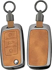ontto Key Case Fit for Volkswagen 3-Button Key Fob,Metal Key Holder Leather Car Key Shell Cover Fit for VW Jetta Beetle Golf