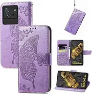 Luxury Butterfly Lanyard Phone Cover Bags Compatible with Vivo iQOO Neo6 Neo 6 S15E Y16 Y 16 Leather Case Magnetic Anti Fall Protective Shell (IQOO Neo 6, Light Purple)