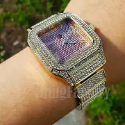 Men's Luxury Iced Gold Plated Square Red Dial Lab Diamond Bracelet Watch
