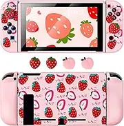 DLseego Protective Case Compatible with Nintendo Switch, Cute Strawberry Pattern Dockable TPU Grip Cover and Thumb Grips, Shockproof and Anti-Scratch Shell for Switch and Joy-Con Controller-Pink