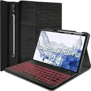 Backlit Keyboard Case for Samsung Galaxy Tab S8 Plus 2022/S7 FE 2021/S7 Plus 2020 12.4 inch with S Pen Holder, Wineecy 7 Colors Backlight Detachable Wireless Keyboard & PU Folio Stand Case (Black)