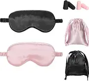 Silk Satin Sleeping Mask Eye Mask Set Include 2 Blindfold Eyeshade Elastic Strap Double Layer Silk Filling Eye Cover 2 Ear Plugs 2 Storage Bags for Women and Men Sleep Travel Nap (Black, Taro Purple)