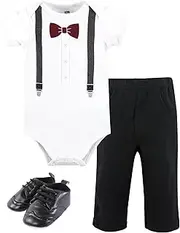 [HUDSON BABY] Unisex Baby Cotton Bodysuit, Pant and Shoe Set, Burgundy Black Bow Tie, 9-12 Months