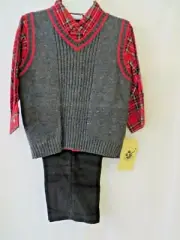 Good Lad Boys 3 Pc Set Gray Sweater Vest Red Shirt Blk Corduroy Pants Sz 5 #1526