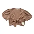 Altar’d State Womens Sz Large Mocha Tan Short Puff Sleeve Korly Tie Front Blouse