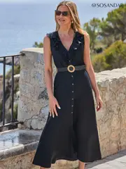 Sosandar Black Linen Blend Ruffle Detail Button Front Dress (E13609) | $196