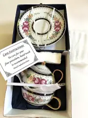 Sorelle Fine Porcelain Floral TEA FOR ONE SET- Teapot, Cup and Saucer-New in box
