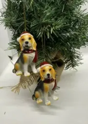 2 x Beagle Dog Puppy Christmas Xmas Tree Decoration Statue Home Decor