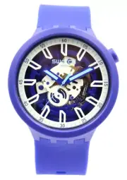 New Swiss Swatch ISWATCH BLUE Silicone Big Bold Skeleton Watch 44mm SB01N102