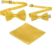 [uxcell] Bow Tie for Men, Adjustable Bow Ties with Pocket Square Solid Color Triple Fold Pre-tied Bow Ties Sets for Wedding, Parties, Dinner, and Business (Dark Gold, 2Size)