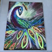 Peacock Painting 12x16 Glow In The Dark Blacklight Acrylic Paint. Signed