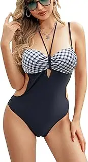 [Rayson] Women's One Piece Swimsuits Tie Knot Front Cutout Monokini Halter Keyhole Cutout Bathing Suits Strappy Backless Swimwear