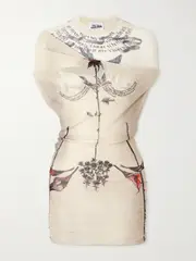 [Jean Paul Gaultier] Jean Paul Gaultier - Tattoo Rose & Bird Printed Mesh Halterneck Mini Dress - Ecru - small small Ecru
