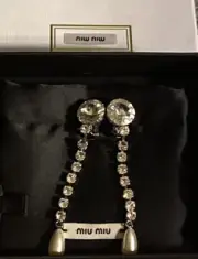 MIU MIU CRYSTAL AND PEARL PENDANT EARRINGS CLIP ON EARRINGS AUTHENTIC