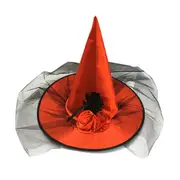 2 Pcs Adult Halloween Costume Ball Party Feather Rose Flower Tulle Veil Net Witch Cap Hat red