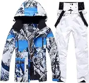[ZSCAL] Mens Ski Suits Two Piece, Men's Winter Warm Mountain Snow Printing Hooded Ski Suit Set, Outdoor Sports Suit, for Winter Outdoor Skiing Sports, Riding Motorcycles (Color : D, Size : Medium)