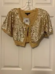 Betsey Johnson Shrug Jacket Yellow Gold Sequin Top Womens NWT L Large MSRP $191