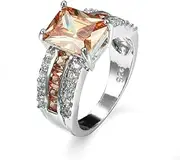 [Narica] Silver Plated 3-Stone Emerald Cut Created Rainbow Topaz Blue Sapphire Cubic Zirconia Filled Halo Wedding Engagement Band Elegant Women's Ring for Mom Bridal Lover