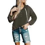 Women's Color Block V-Neck Longsleeve Button Hoodies - Army Green