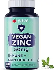 Yuve Vegan Natural Zinc 50mg Supplement - Boosts Your Immune System - Fast Relief from Colds and Flu - Acne Free Skin - Healthy Hormone Levels - Non-GMO, Gluten Free, Sugar Free - 100 Vegetarian Tabs