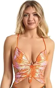 [Generic] Women Sexy Sequin Butterfly Tank Tops Strappy Backless Crop Top Belly Dance Bras