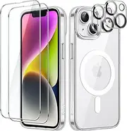 JETech 5 in 1 Magnetic Case for iPhone 14 Plus 6.7-Inch with 2-Pack Tempered Glass Screen Protector and Camera Lens Protector, Compatible with MagSafe, Shockproof Bumper Phone Cover (Clear)
