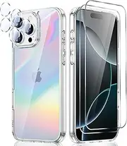 LeYi for iPhone 15 Pro Case: with 2 PCS Tmepered Glass Screen Protection & 2 PCS Camera Lens Protector, Rainbow Laser Color Crystal Clear Slim Translucent Shockproof para iPhone 15 Pro Case