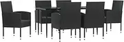 ** vidaXL - 7 Piece Garden Dining Set – Black Poly Rattan & Steel – Patio Table with Tempered Glass Top – Comfortable Cushioned Chairs – Weather-Resistant Outdoor Furniture