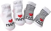[HUATEEN] Baby Socks 0-3 Months,2 Pairs 100% Cotton Unisex Newborn Socks with I Love Mum + I Love PaPa Stripes Sock Non-Slip Infant Sock for Newborn Infants Boys Girls 0-6 Months, White, One size