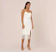 Aidan ADRIANNA PAPELL CREPE POPOVER MIDI DRESS FRINGE TRIM sz 16 IVORY Bridal