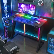 Advwin Gaming Desk Built-in LED Lights & Power Outlets 100cm Carbon Fiber Surface Computer Desk with Cup Holder & Headphone Hook Black