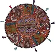 Brown Color Patchwork Cotton Boho Chic Bohemian Hand Embroidered Round Floor Pillows & Cushion Cover Seating Pouf Ottoman