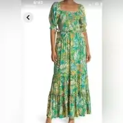 Betsy Johnson leaf print maxi dress size medium