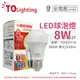【TOA東亞】LLA017-8AALH LED 8W 3000K E27 黃光 全電壓 球泡燈 (4.1折)